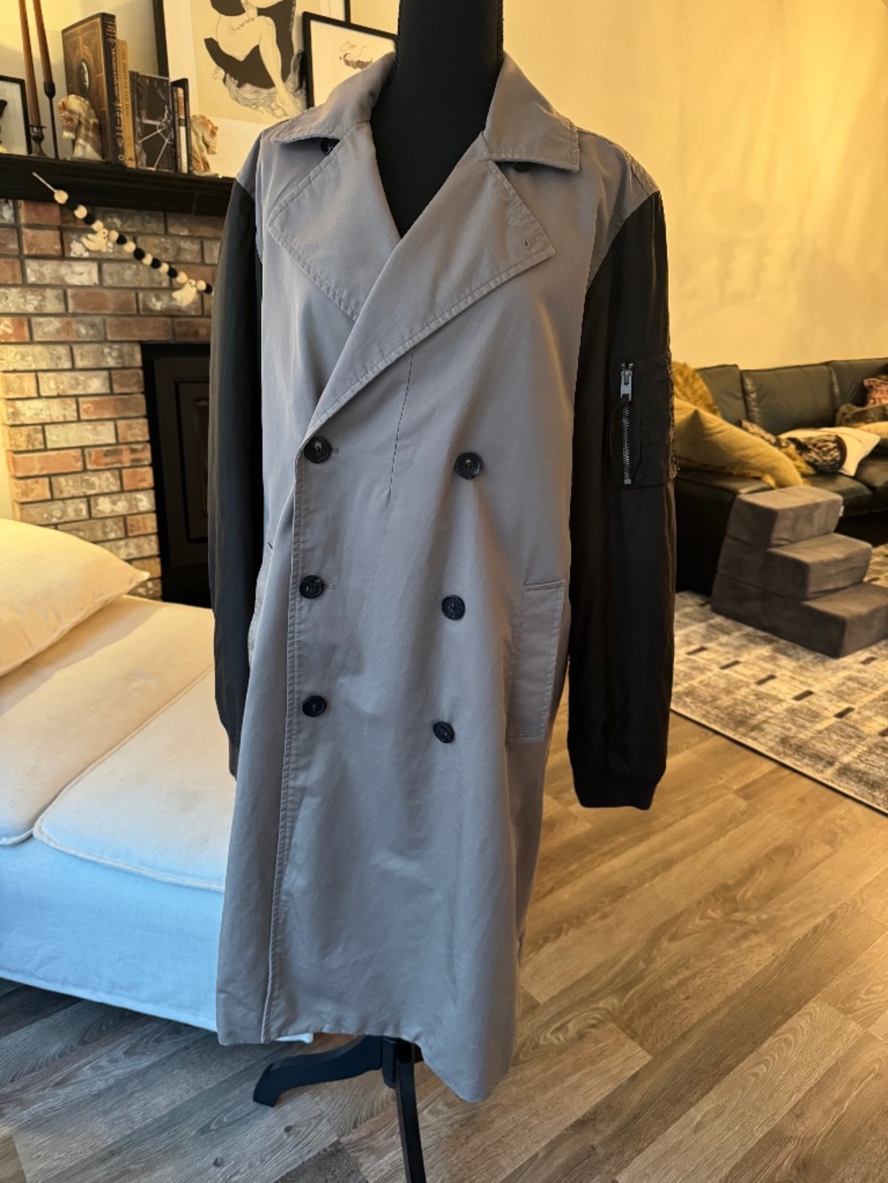 AllSaints Gunner Mac Trench Coat Two-Tone Grey Black Size M
